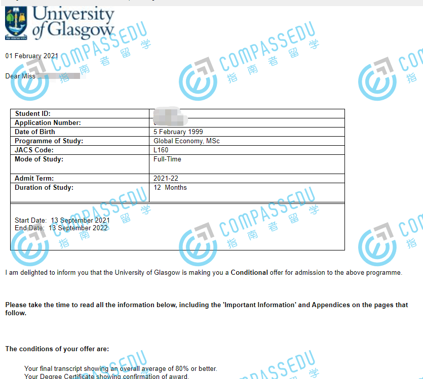 格拉斯哥大学全球经济理学硕士研究生offer一枚