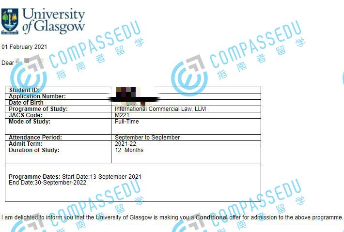 格拉斯哥大学国际商法法学硕士研究生offer一枚