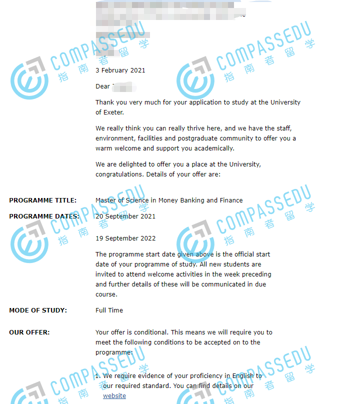 埃克塞特大学货币、银行与金融理学硕士研究生offer一枚