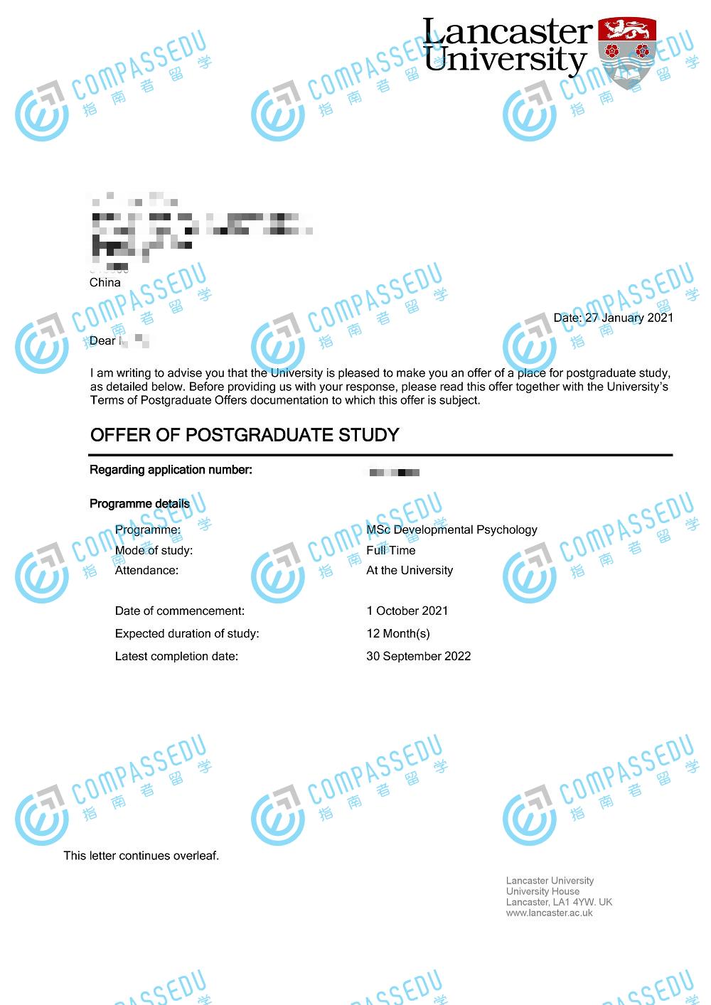 兰卡斯特大学发展心理学理学硕士研究生offer一枚