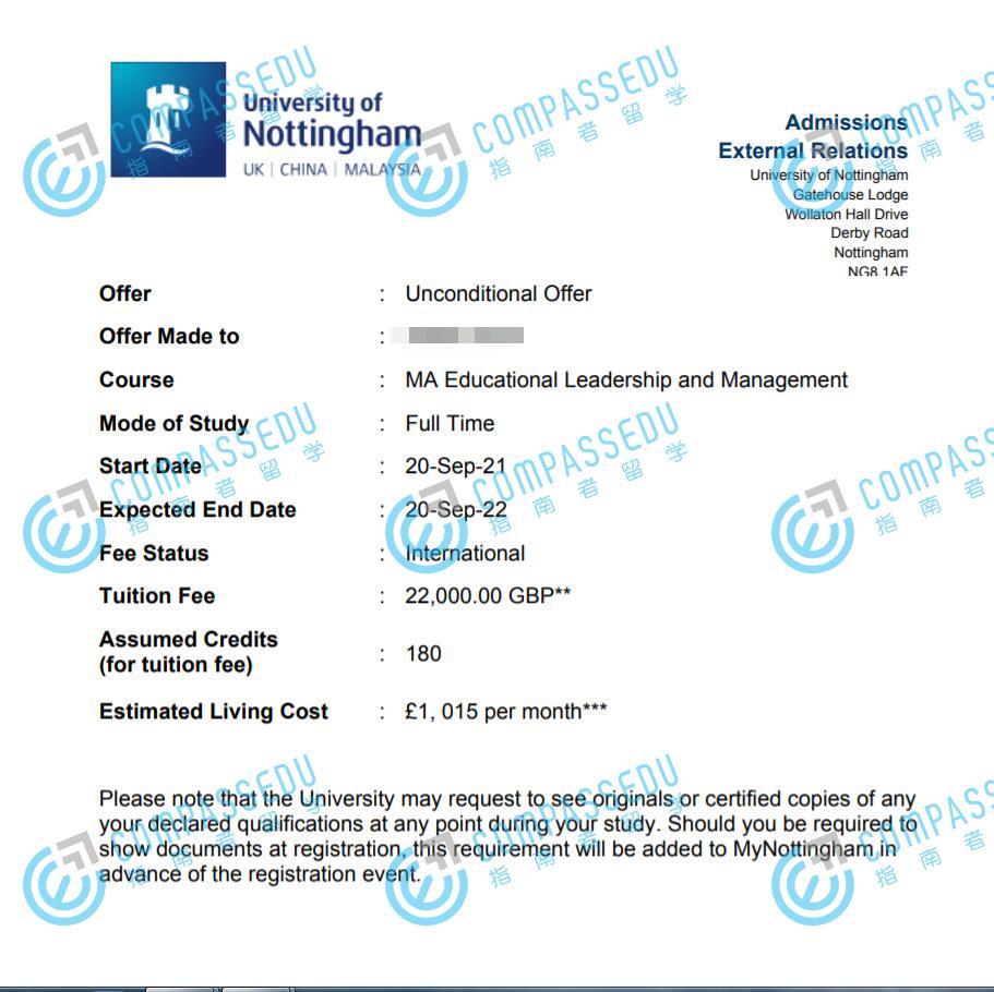 诺丁汉大学教育领导力与管理文学硕士研究生offer一枚