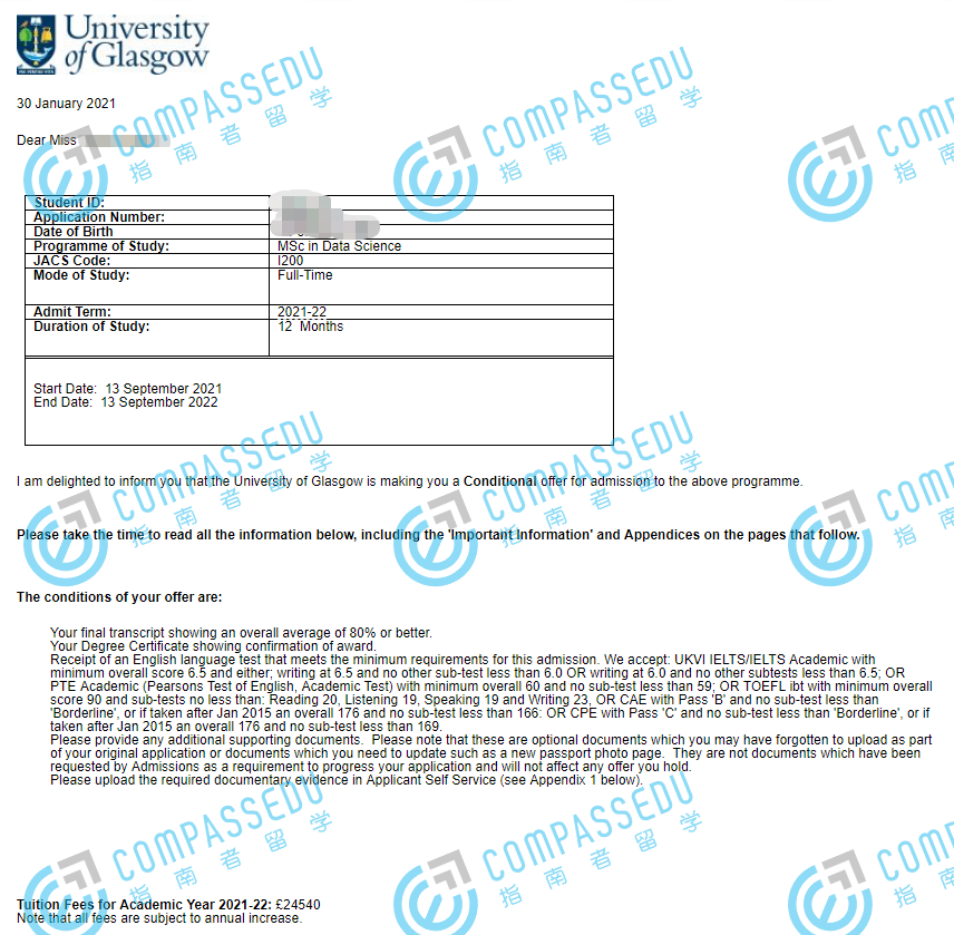 格拉斯哥大学数据科学理学硕士研究生offer一枚