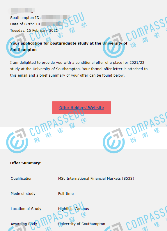 南安普顿大学国际金融市场理学硕士研究生offer一枚