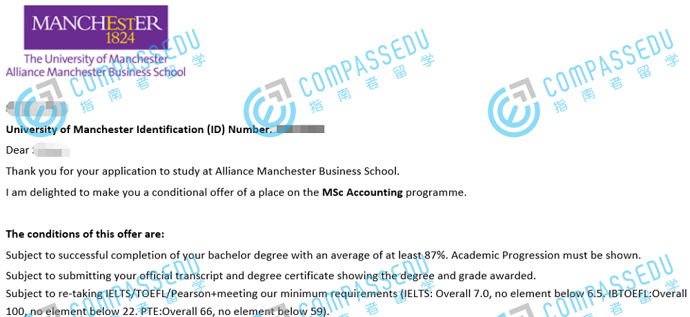 曼彻斯特大学会计学理学硕士研究生offer一枚