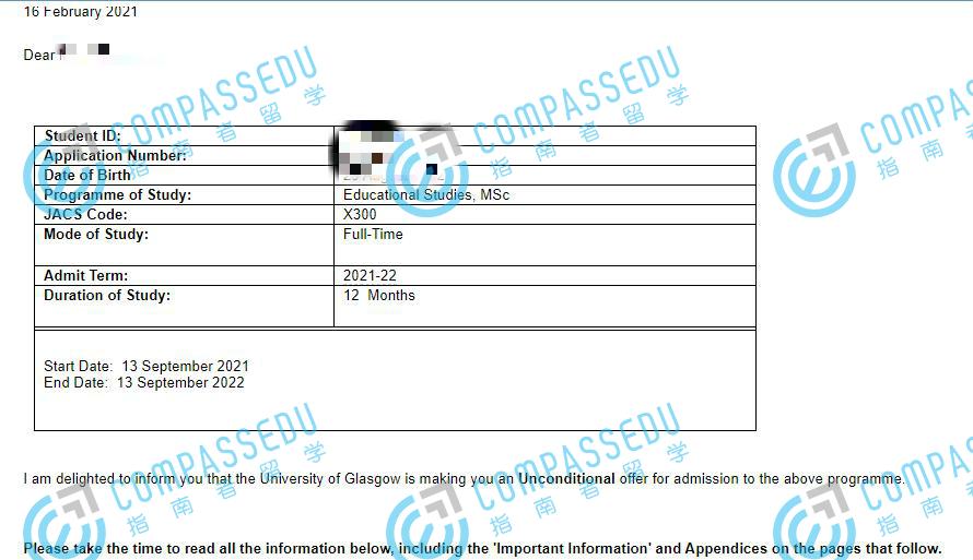 格拉斯哥大学教育学研究理学硕士研究生offer一枚