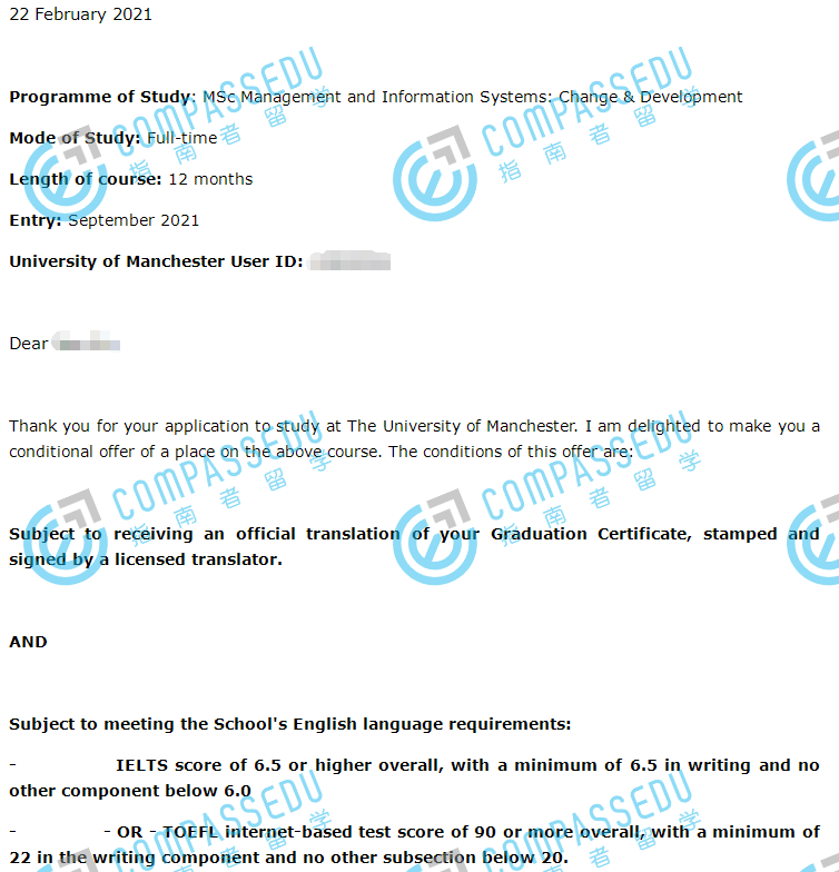 曼彻斯特大学管理与信息系统：变化与发展理学硕士研究生offer一枚