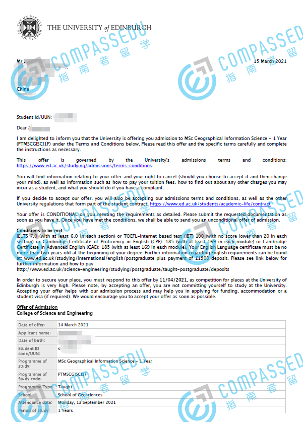 爱丁堡大学地理信息科学理学硕士研究生offer一枚