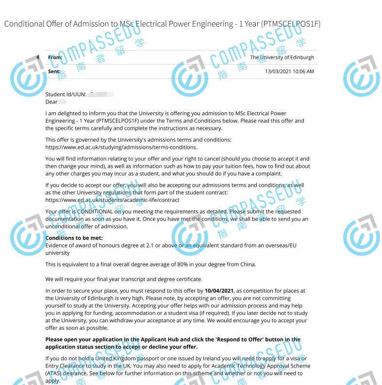 爱丁堡大学电力工程理学硕士研究生offer一枚