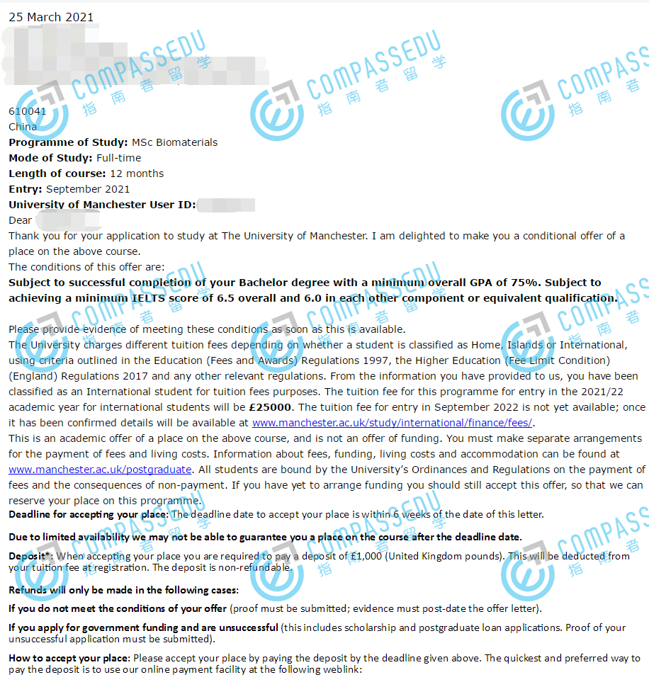 曼彻斯特大学生物材料学理学硕士研究生offer一枚