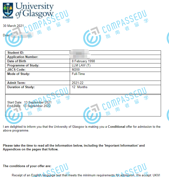格拉斯哥大学法学硕士研究生offer一枚