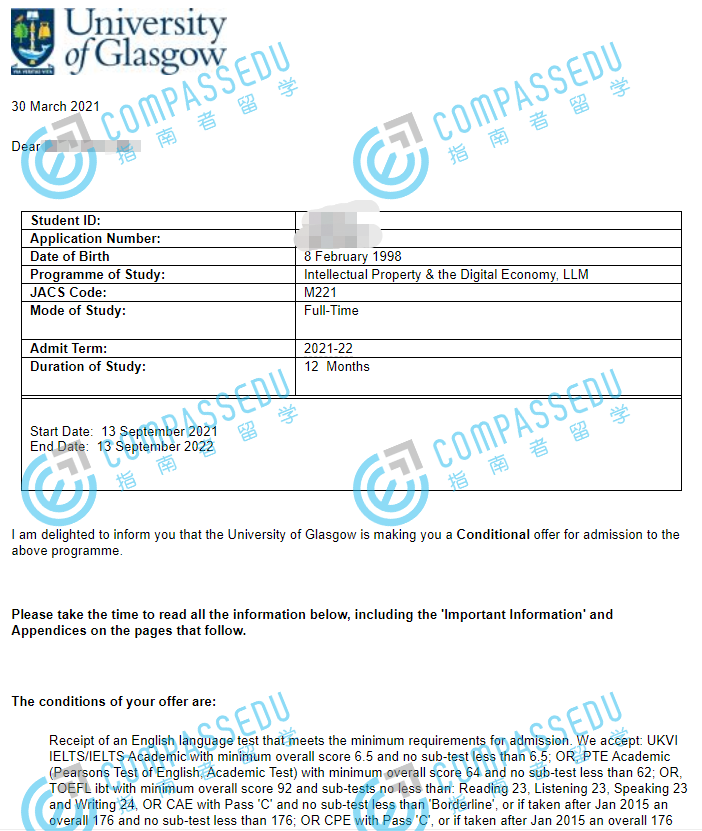 格拉斯哥大学知识产权与数字经济法学硕士研究生offer一枚
