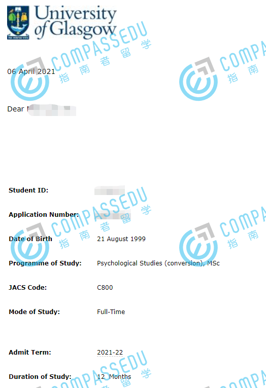 格拉斯哥大学心理学研究理学硕士（可跨申）研究生offer一枚