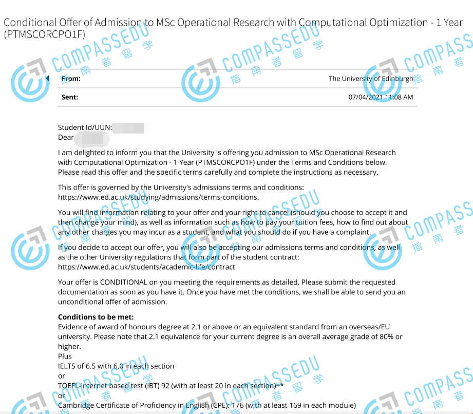 爱丁堡大学运筹学与计算优化理学硕士研究生offer一枚