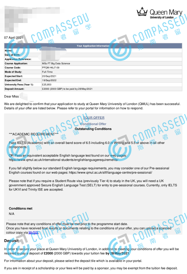 伦敦大学玛丽皇后学院大数据科学理学硕士研究生offer一枚