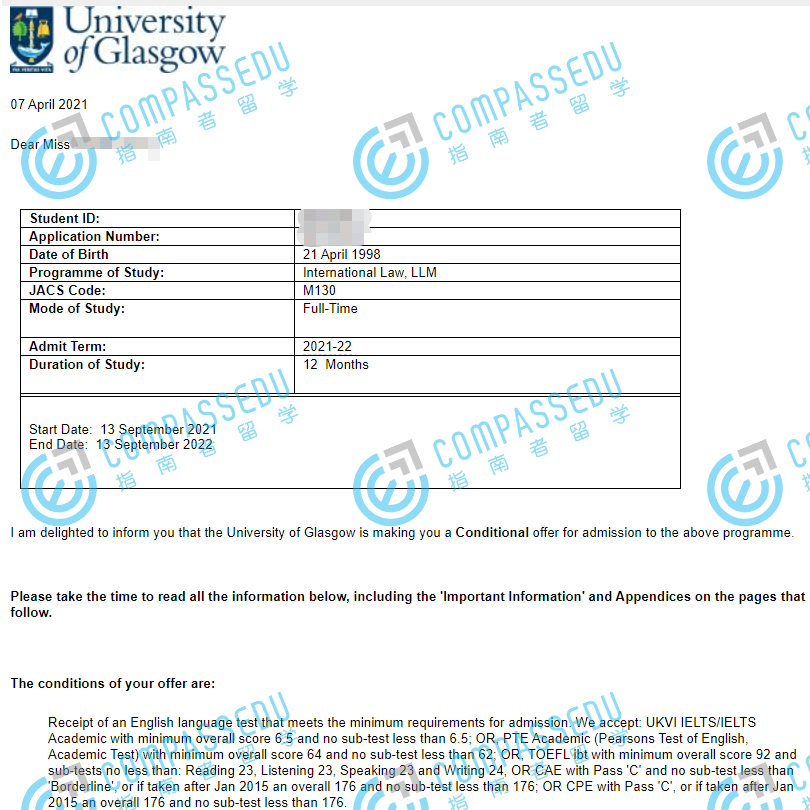 格拉斯哥大学国际法法学硕士研究生offer一枚