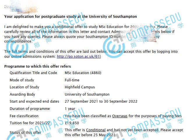 南安普顿大学教育学理学硕士研究生offer一枚