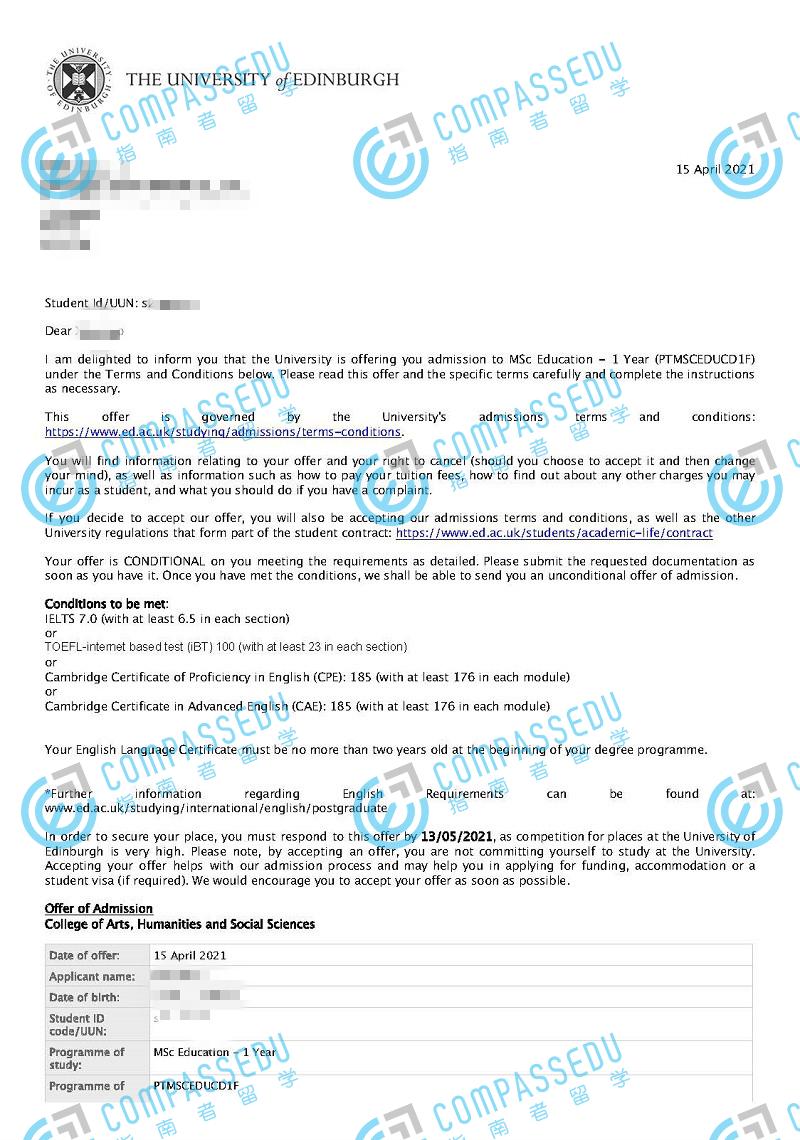 爱丁堡大学教育学理学硕士研究生offer一枚