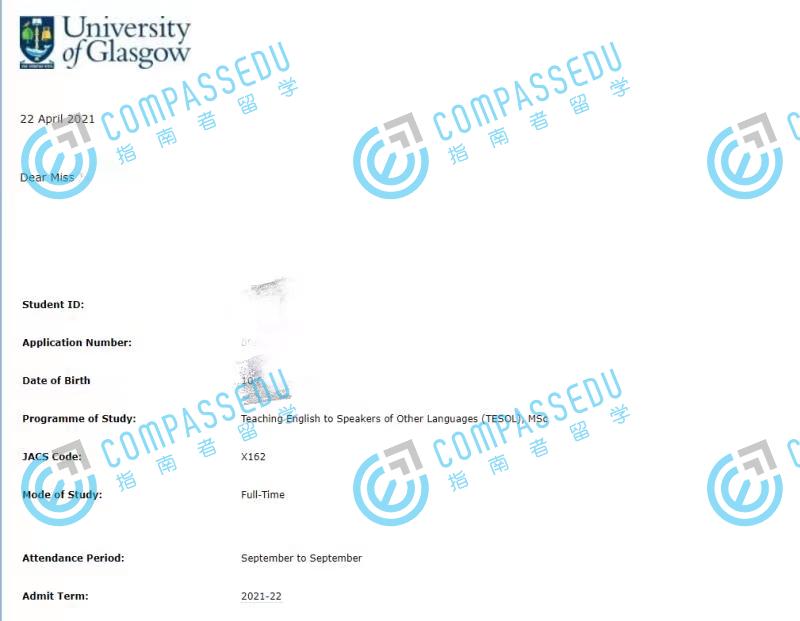 格拉斯哥大学对外英语教学理学硕士研究生offer一枚