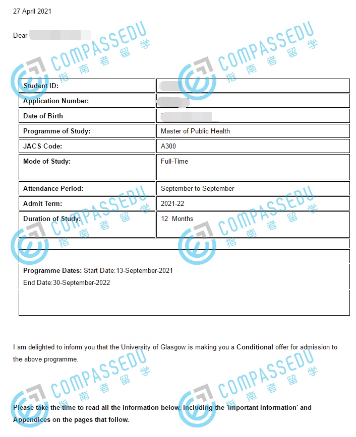格拉斯哥大学公共健康学硕士研究生offer一枚