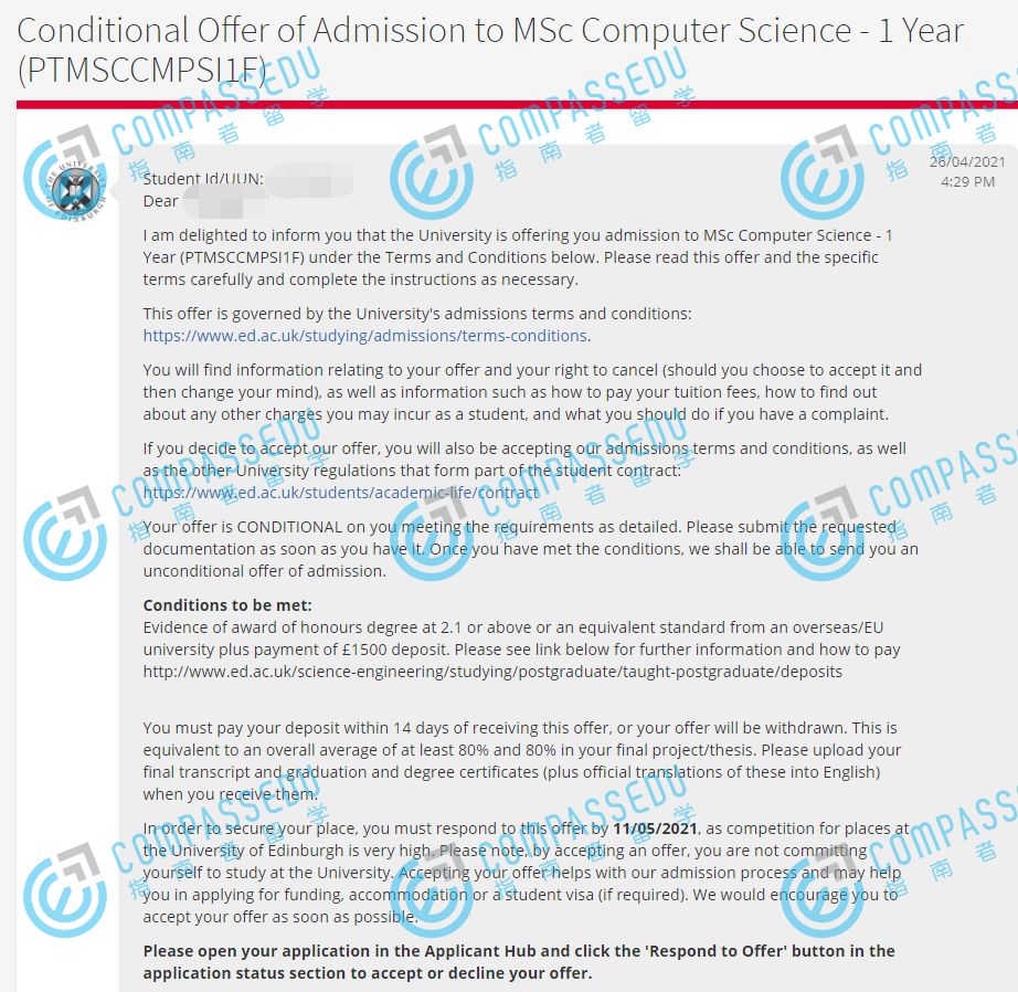 爱丁堡大学计算机科学理学硕士研究生offer一枚