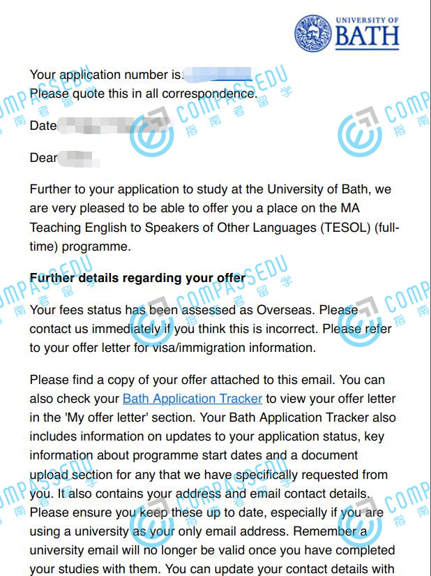 巴斯大学对外英语教学文学硕士研究生offer一枚