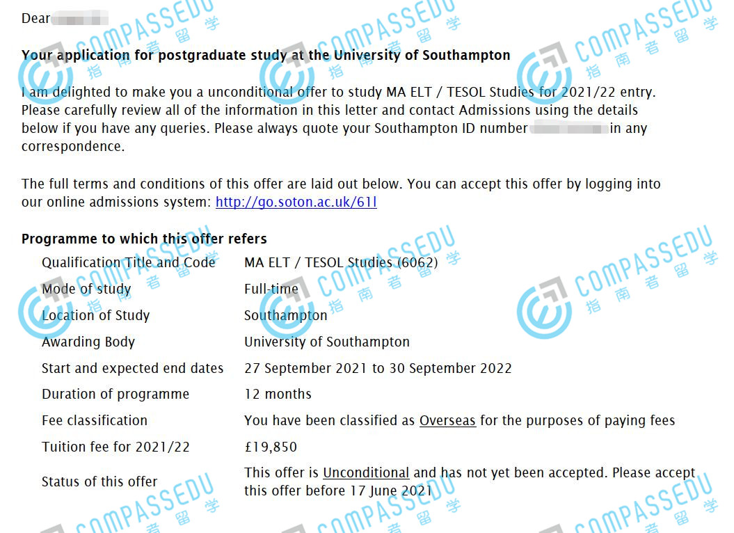 南安普顿大学英语语言教学/对外英语教学文学硕士研究生offer一枚