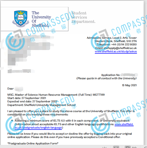 谢菲尔德大学人力资源管理理学硕士研究生offer一枚