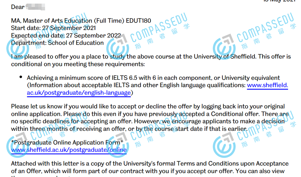 谢菲尔德大学教育学文学硕士研究生offer一枚