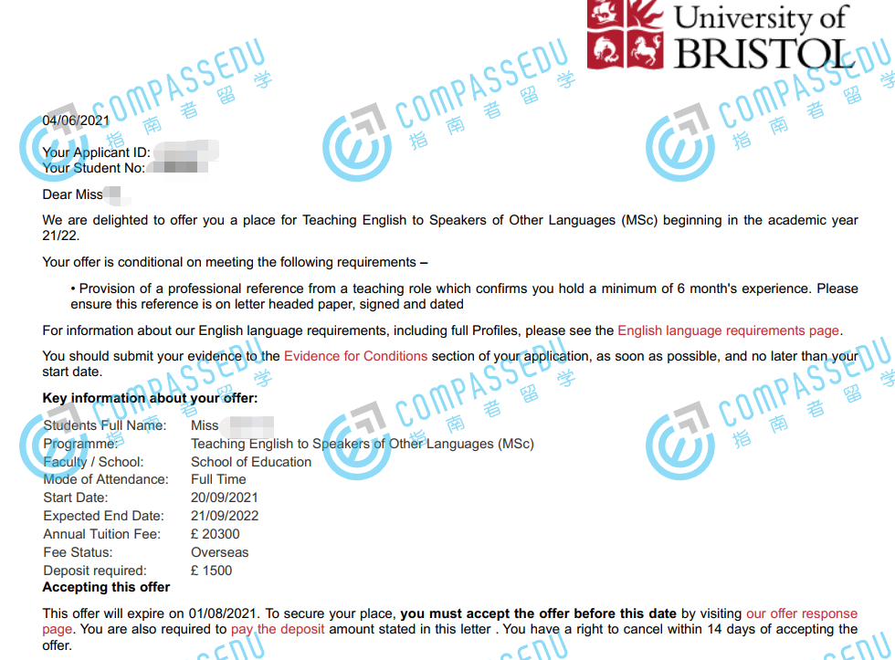 布里斯托大学对外英语教学理学硕士研究生offer一枚