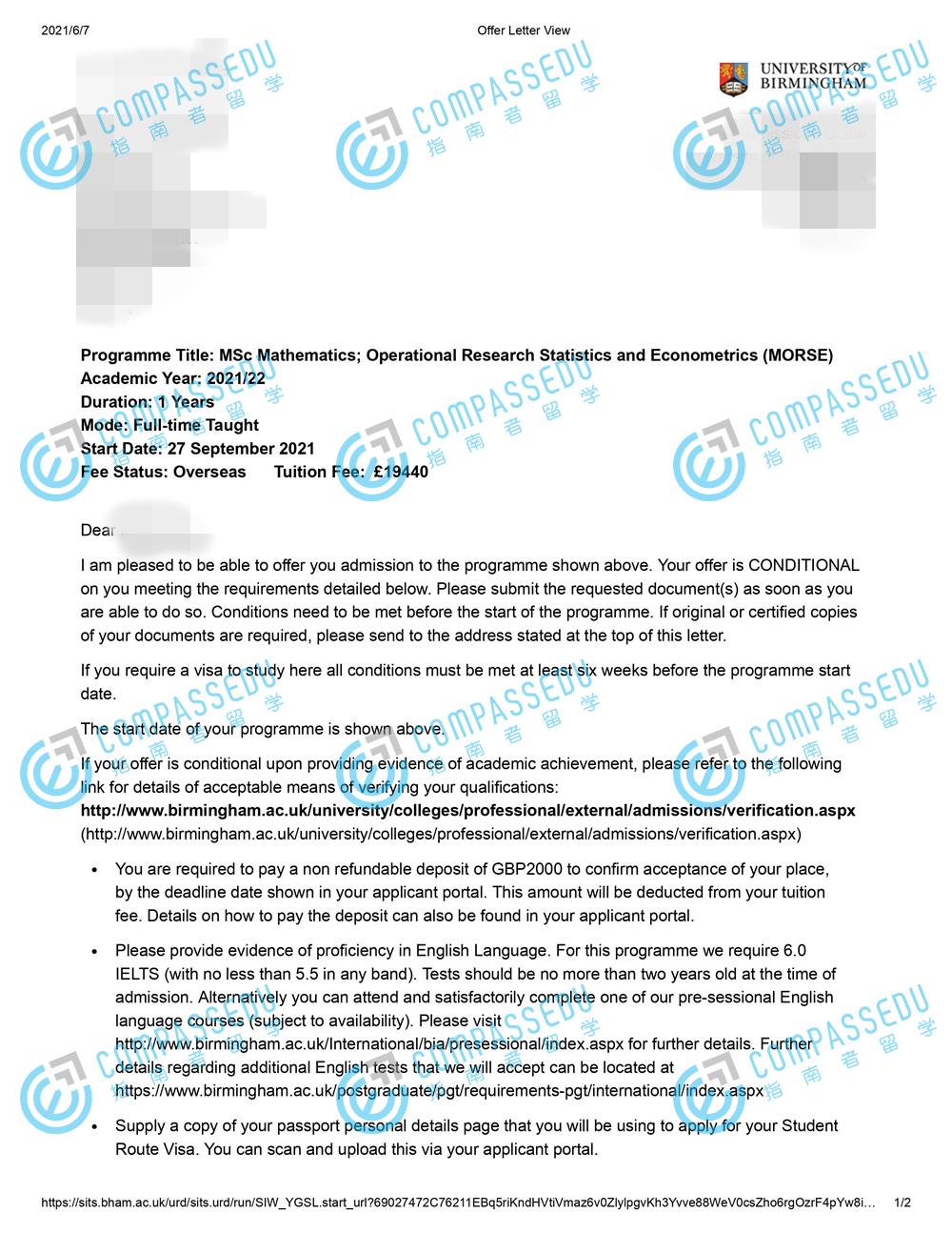 伯明翰大学数学、运筹学、统计学与计量经济学理学硕士研究生offer一枚