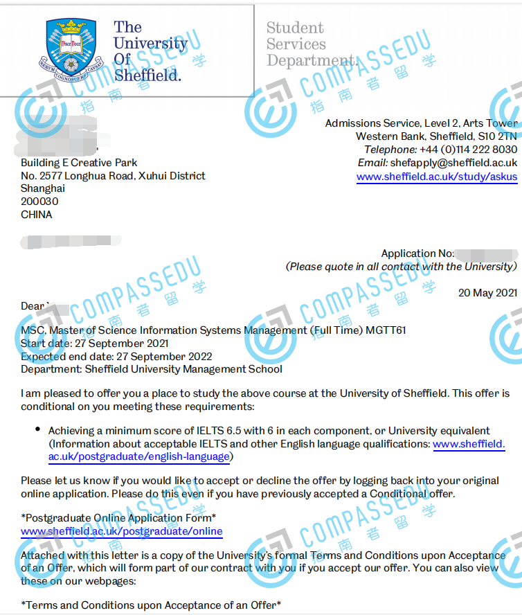 谢菲尔德大学信息系统管理理学硕士研究生offer一枚