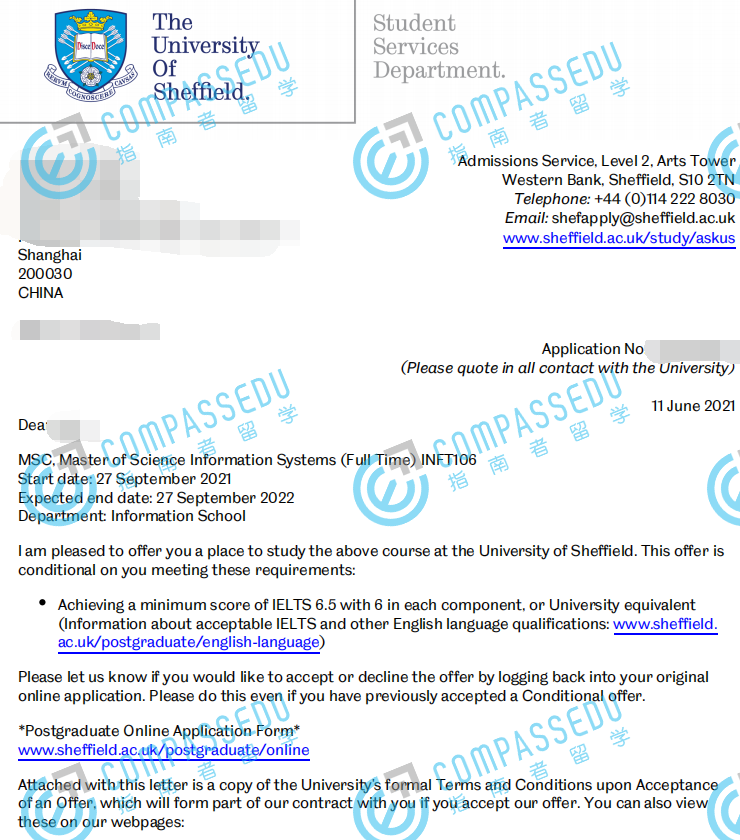 谢菲尔德大学信息系统理学硕士研究生offer一枚