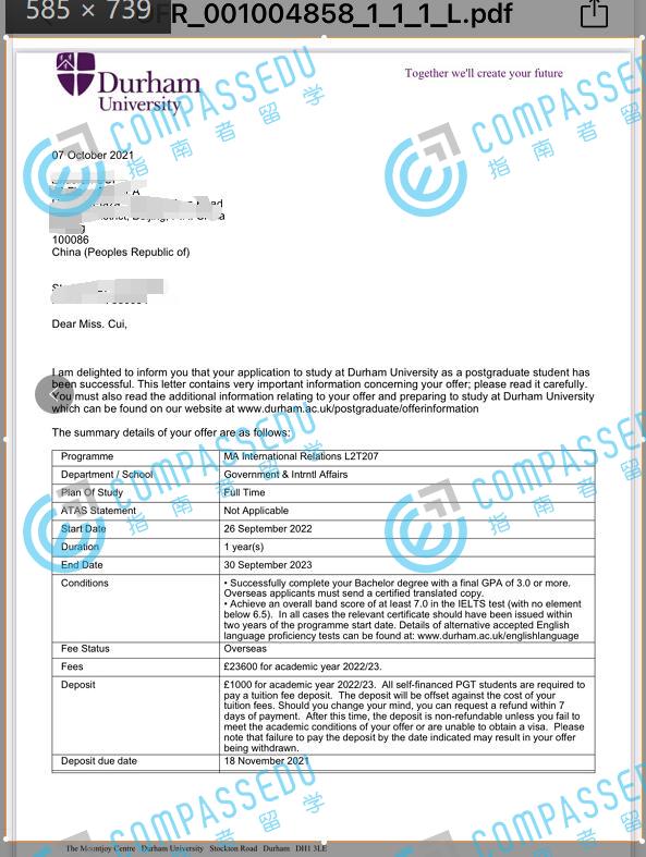 杜伦大学国际关系文学硕士研究生offer一枚