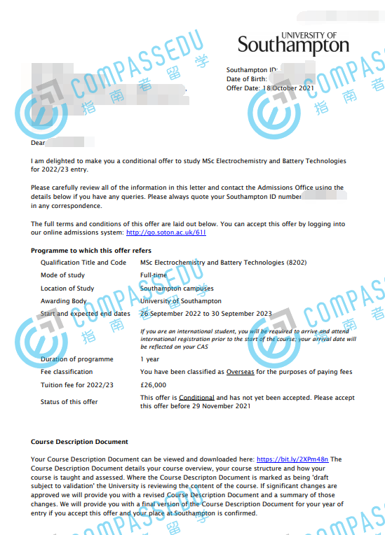 南安普顿大学可持续能源科技理学硕士研究生offer一枚