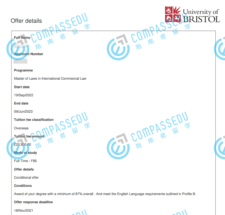 布里斯托大学国际商法法学硕士研究生offer一枚