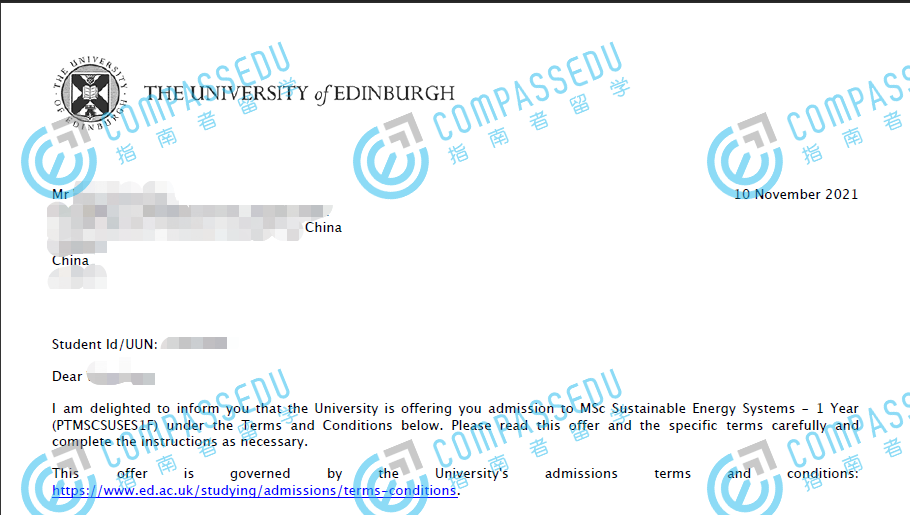 爱丁堡大学可持续能源系统理学硕士研究生offer一枚