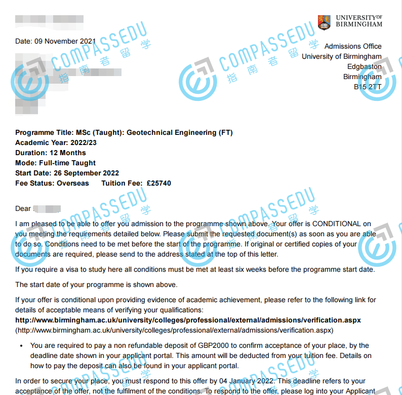 伯明翰大学岩土工程理学硕士研究生offer一枚