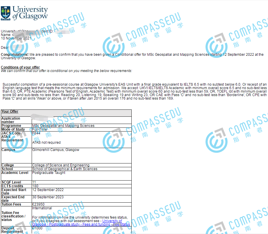 格拉斯哥大学地理空间与测绘研究理学硕士研究生offer一枚